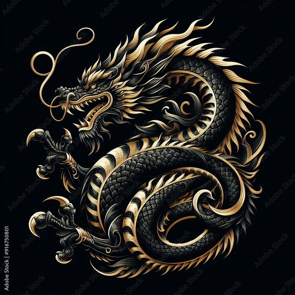 Fototapeta premium gold dragon on black background