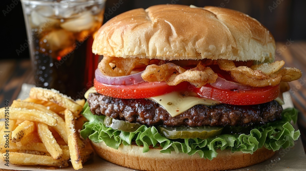 A delicious gourmet hamburger served with crispy fries and a refreshing soft drink on a wooden table in a casual dining setting A delicious gourmet hamburger served with crispy fries and a refreshing soft drink on a wooden table in a casual dining setting