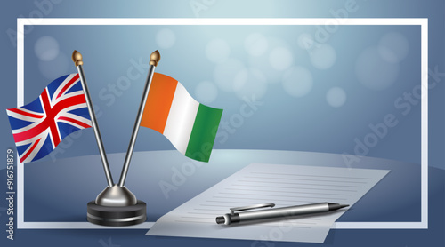 United Kingdom and ote D'Ivoire Small national flag on bokeh background, cooperative relationship
