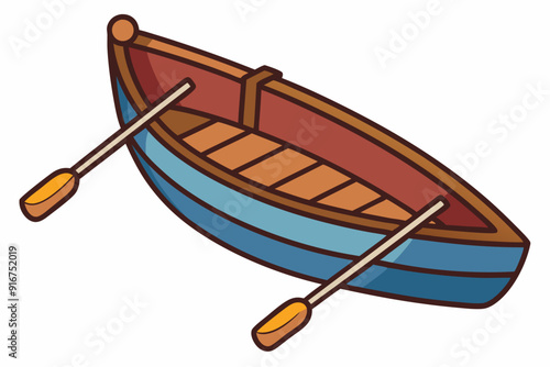 A small wooden rowing boat floating on water art vector illustration