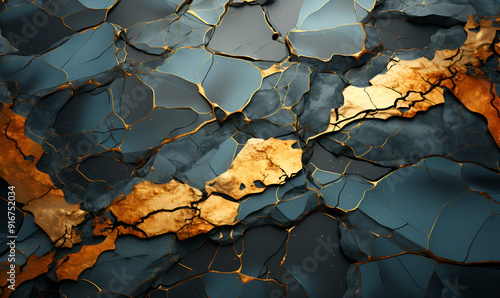 Golden Veined Blue Ceramic Abstract Texture
