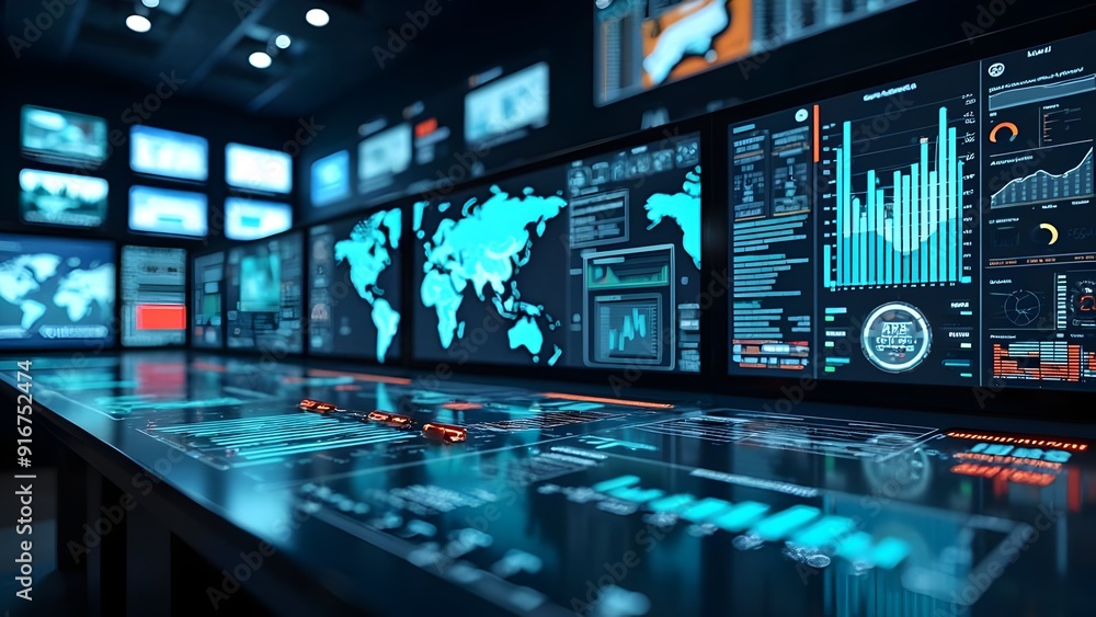 Modern control room with digital screen with world maps and analytical data information display Modern control room with digital screen with world maps and analytical data information display