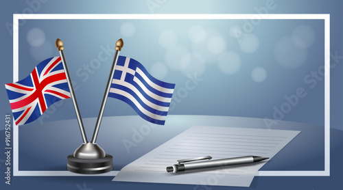 United Kingdom and Greece Small national flag on bokeh background, cooperative relationship