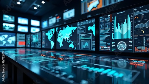 Modern control room with digital screen with world maps and analytical data information display