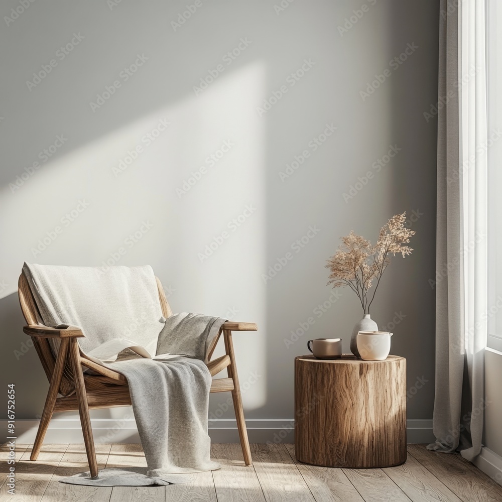 A wooden chair with a white blanket draped over it sits in front of a wooden coffee table. The room is well-lit and has a cozy, inviting atmosphere A wooden chair with a white blanket draped over it sits in front of a wooden coffee table. The room is well-lit and has a cozy, inviting atmosphere
