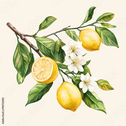 lemon branches with vibrant green leaves white flowers, Watercolor botanical illustration of The lemons are bright yellow, the branches are brown, the leaves are lush green, and the flowers are pure w