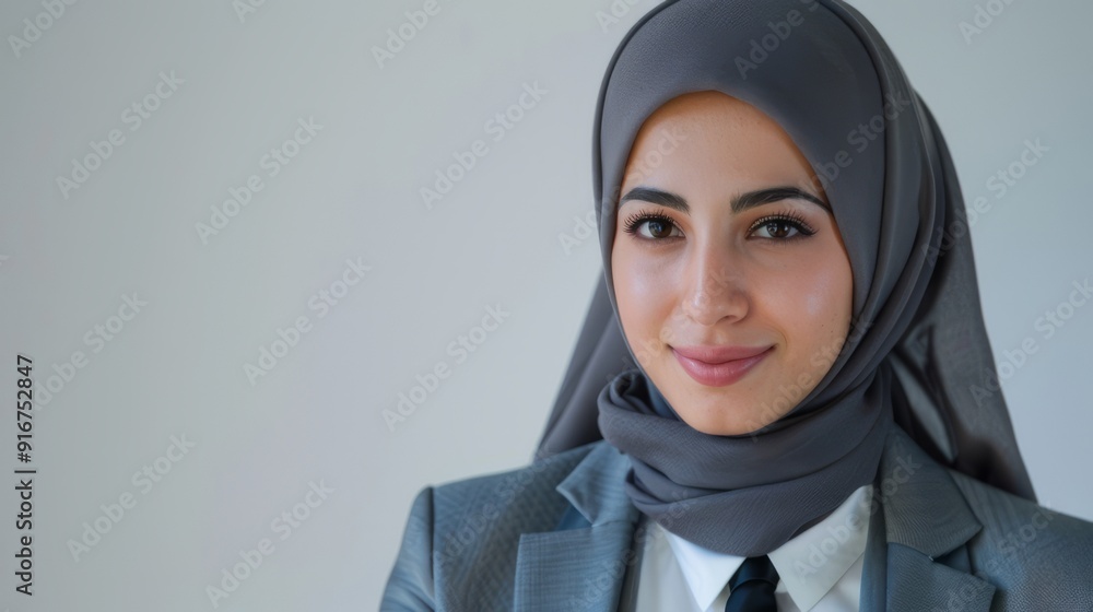 Portrait of a Muslim woman wearing a gray hijab and formal dress looking at the camera. Portrait of a Muslim woman wearing a gray hijab and formal dress looking at the camera.
