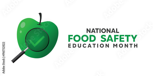National Food Safety Education Month. Apple, magnifying glass and checkmark icon. Great for cards, banners, posters, social media and more. White background.