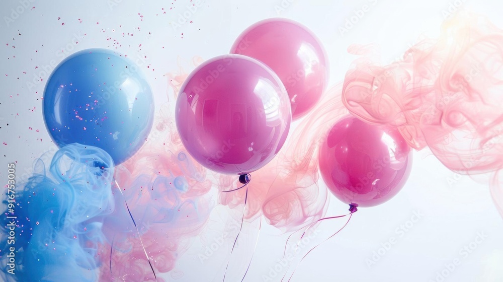 Colorful balloons floating amidst swirls of blue and pink smoke, creating a festive and vibrant celebration atmosphere. Colorful balloons floating amidst swirls of blue and pink smoke, creating a festive and vibrant celebration atmosphere.