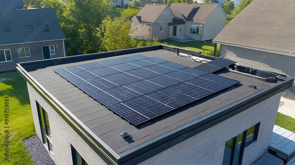 Solar Panel Roof Multifamily Apartment Building on Cityscape Backgroung ...