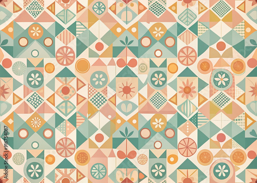 Vintage-inspired geometric patterns in pastel colors and abstract shapes, forming a seamless repeat design, evoke a nostalgic and playful retro aesthetic. photo