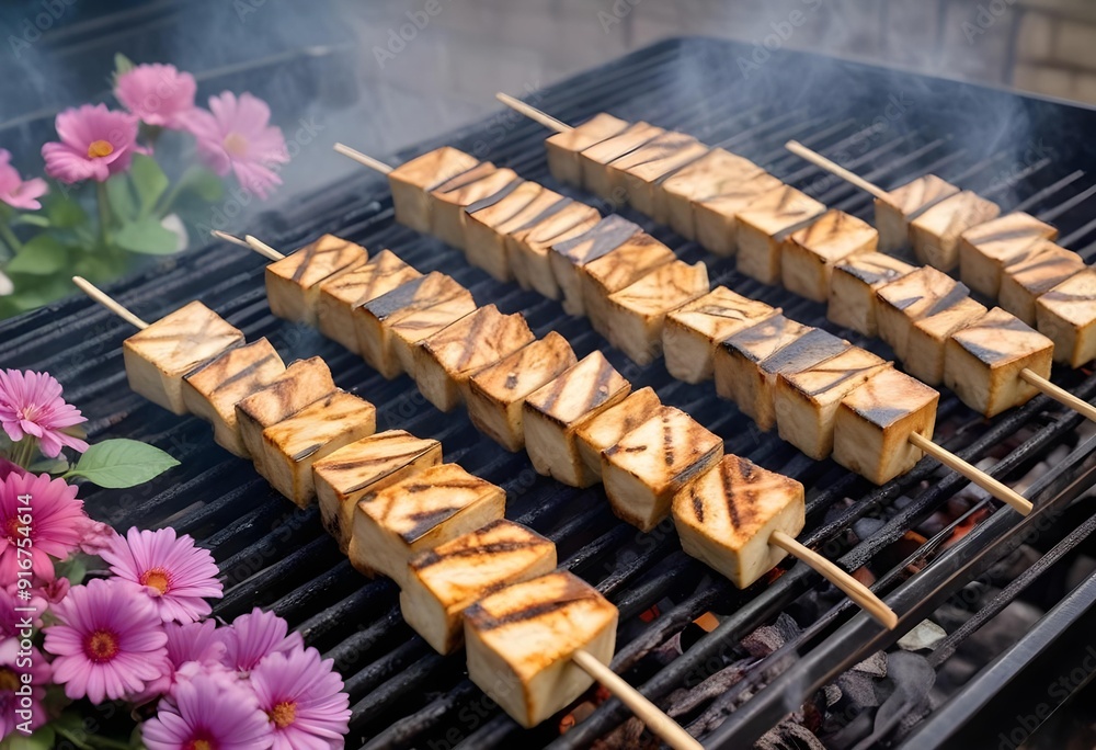 Vegan Grilled Tofu Skewers with Smoky Flair and Purple Floral Touch Vegan Grilled Tofu Skewers with Smoky Flair and Purple Floral Touch