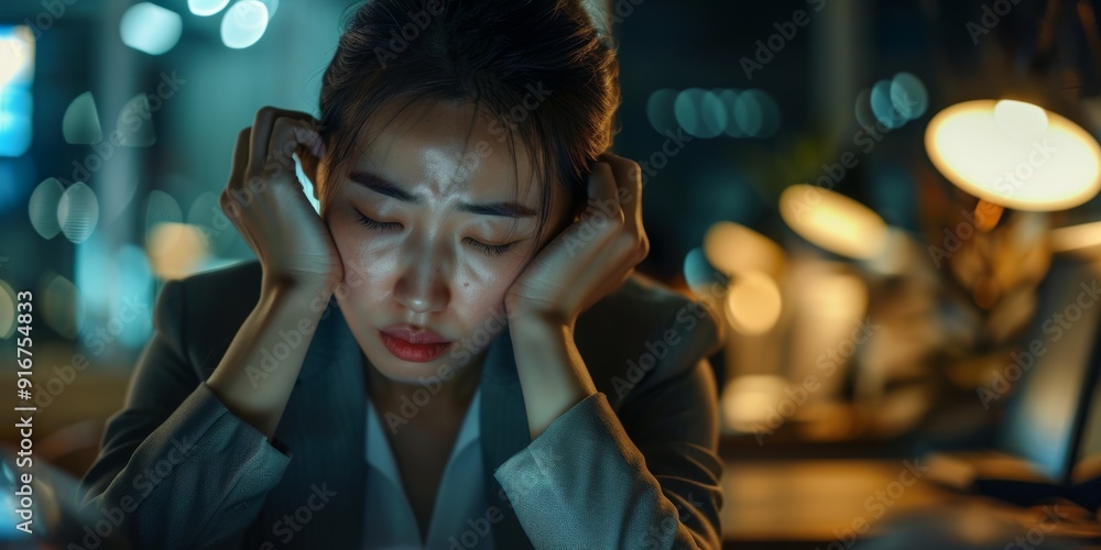 Night, headache, anxious businesswoman with burnout working on computer in corporate office. Error, danger, or failure on overtime project leaves employee exhausted, frustrated, and overworked Night, headache, anxious businesswoman with burnout working on computer in corporate office. Error, danger, or failure on overtime project leaves employee exhausted, frustrated, and overworked