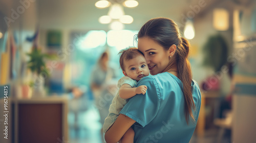 neonatal nurse comforting infant holding from behind warm caring atmosphere bright cozy environment centered composition medical setting professional compassionate