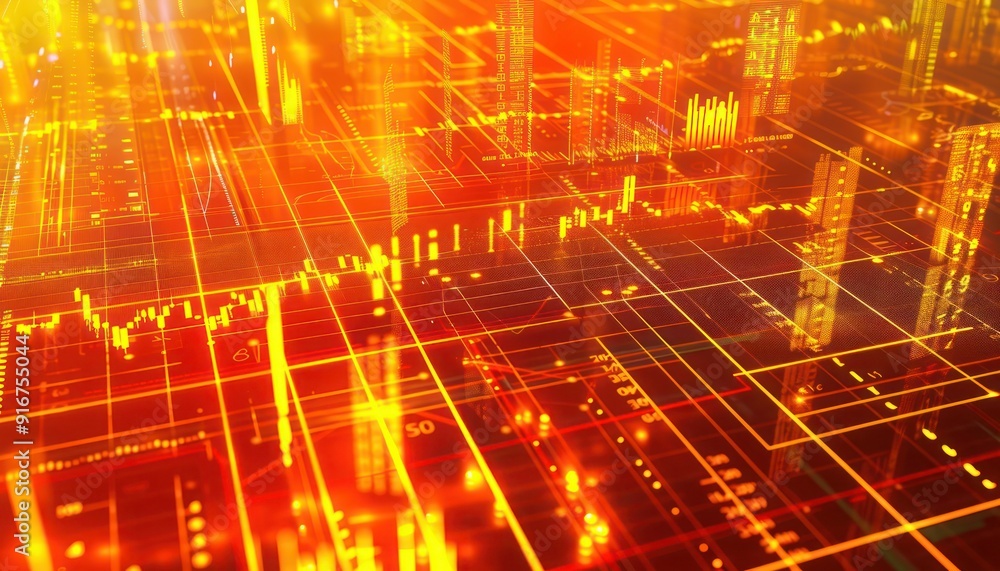 A vibrant 3D abstract scene showcasing data visualizations in vivid orange and yellow, with graphs and charts intricately woven into the composition A vibrant 3D abstract scene showcasing data visualizations in vivid orange and yellow, with graphs and charts intricately woven into the composition