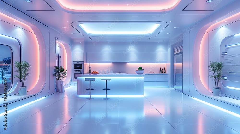 Obraz premium Modern futuristic kitchen interior with glowing lights during evening hours