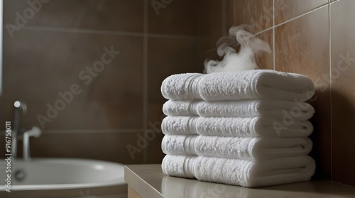 In a luxury spa steam Rising From a Stack of Towels in a Bathroom . generative.ai
