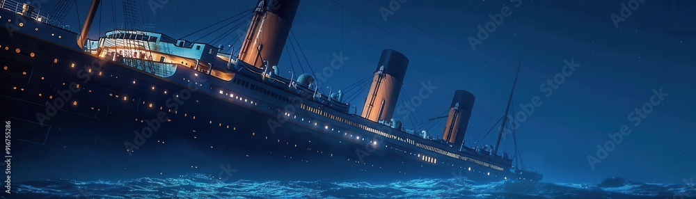 Obraz premium Visualize eye-level angle of the Titanic sinking with a terrifying, horror twist Include eerie lighting and ominous atmosphere for maximum effect