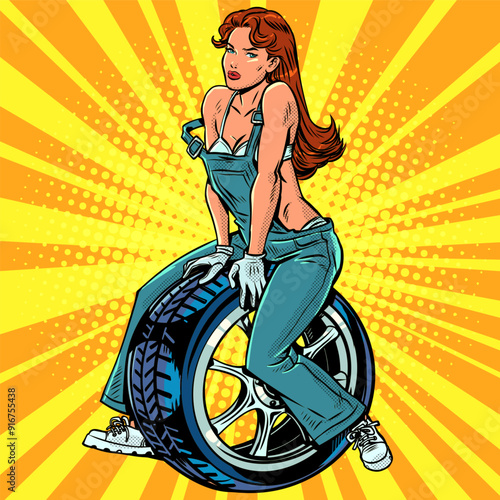 Pop Art Retro A woman in overalls is a tire mechanic for cars. Vehicle repair workshop. Fast car wash service.