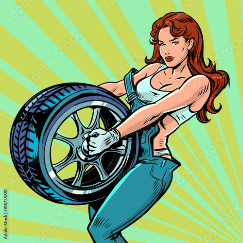 Pop Art Retro A woman in overalls is a tire mechanic for cars. Vehicle repair workshop. Replacement of disks and tires for drivers' cars.
