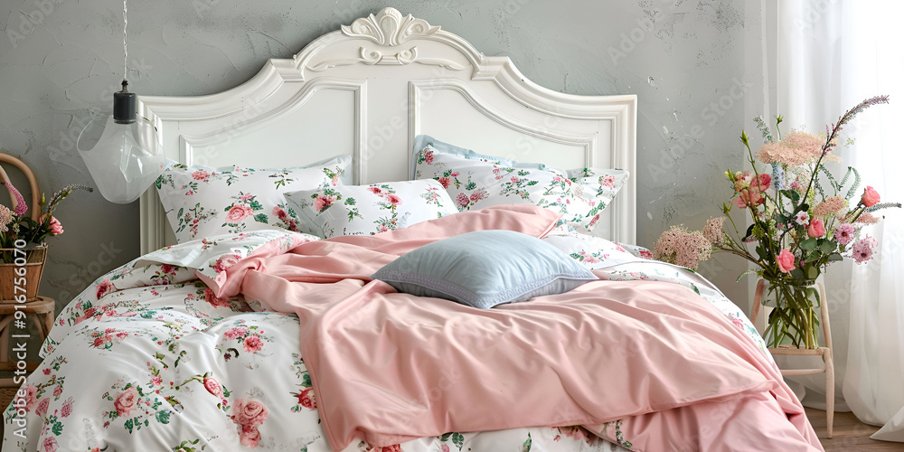 Cozy Bedroom Interior with Floral Bedding and Soft Light Cozy Bedroom Interior with Floral Bedding and Soft Light