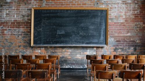 blackboard on a brick wall, flanked by rows of wooden chairs