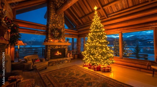 Cozy log cabin interior with a large Christmas tree, a fireplace, and a snowy winter landscape outside. Ideal for content related to holiday warmth, cozy interiors, and festive celebrations.