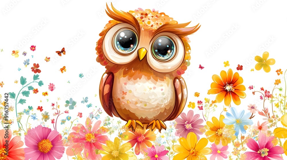 Fototapeta premium Cute Owl in a Field of Flowers.