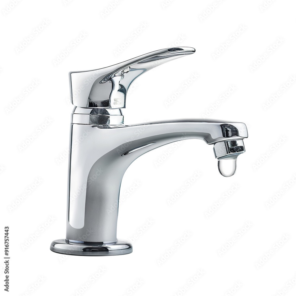 Shiny modern chrome faucet with dripping water, cut out Shiny modern chrome faucet with dripping water, cut out