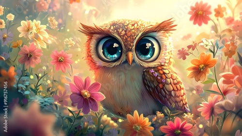 Cute Owl in a Garden of Flowers.