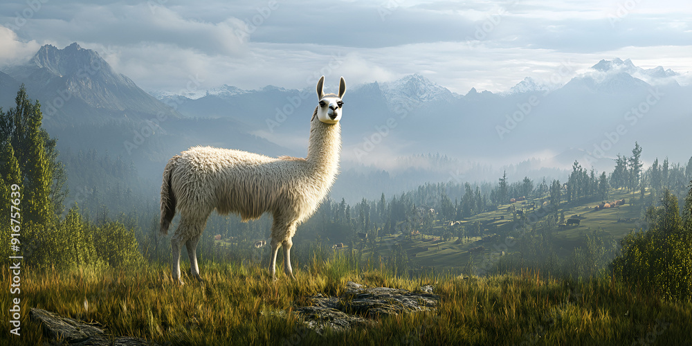 Fototapeta premium Llama Grazing in Majestic Mountain Landscape.