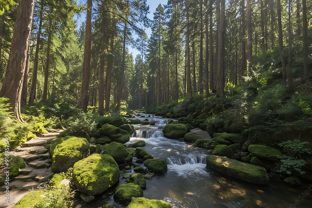 Obraz premium Serene Forest with Pine Trees, Moss-Covered Stone Steps, and a Gently Flowing Stream