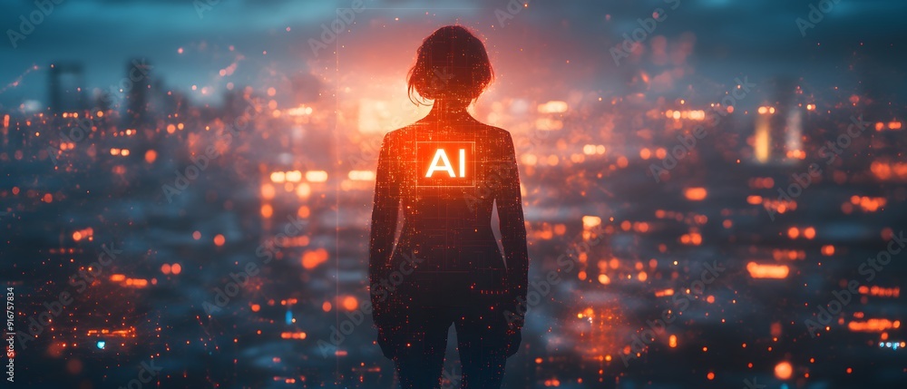 Fototapeta premium AI silhouette in a futuristic cityscape.