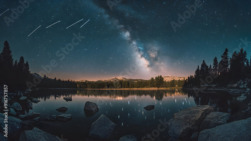 Perseids meteor Shower and the Milky Way silhouette in the foreground. Perseid Meteor Shower observation. Night sky nature summer landscape. Colorful shooting stars photo