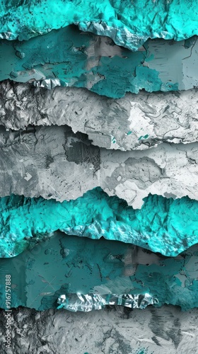 A vibrant 3D abstract background featuring textured layers of turquoise watercolor, gritty gray grunge, and shimmering silver metallic surfaces