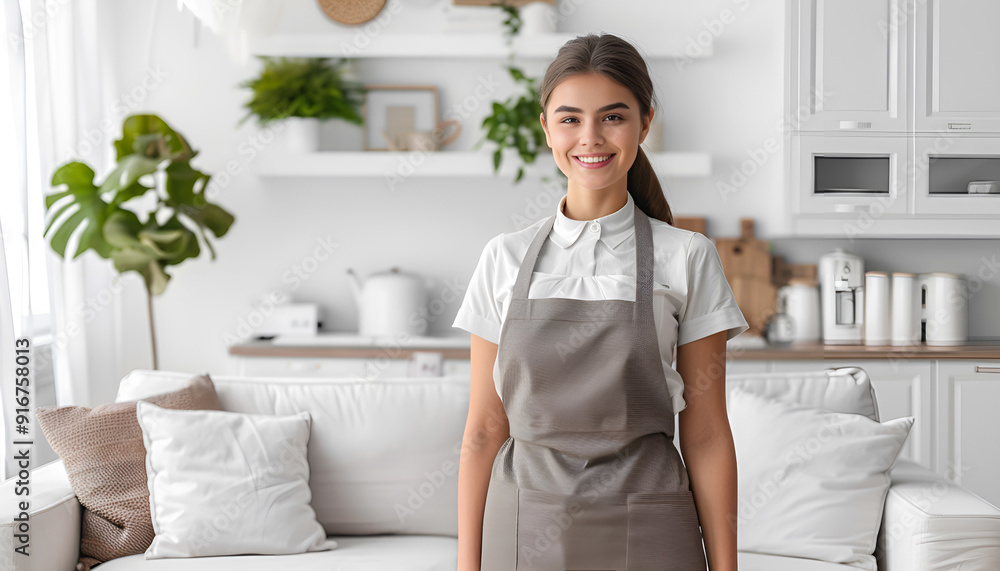 Chambermaid standing on living room background Chambermaid standing on living room background