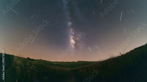 Perseids meteor Shower and the Milky Way silhouette in the foreground. Perseid Meteor Shower observation. Night sky nature summer landscape. Colorful shooting stars photo