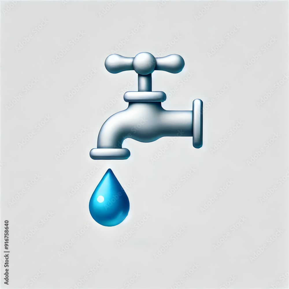 A minimalist 3D-rendered image featuring a simple faucet with a single blue water droplet hanging below A minimalist 3D-rendered image featuring a simple faucet with a single blue water droplet hanging below