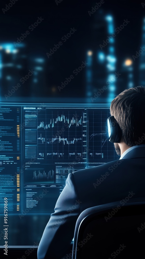 A focused professional analyzes data on a futuristic computer interface in a dimly lit environment, highlighting digital technology. A focused professional analyzes data on a futuristic computer interface in a dimly lit environment, highlighting digital technology.
