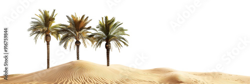 Tropical oasis with lush palm trees on sandy dune, cut out
