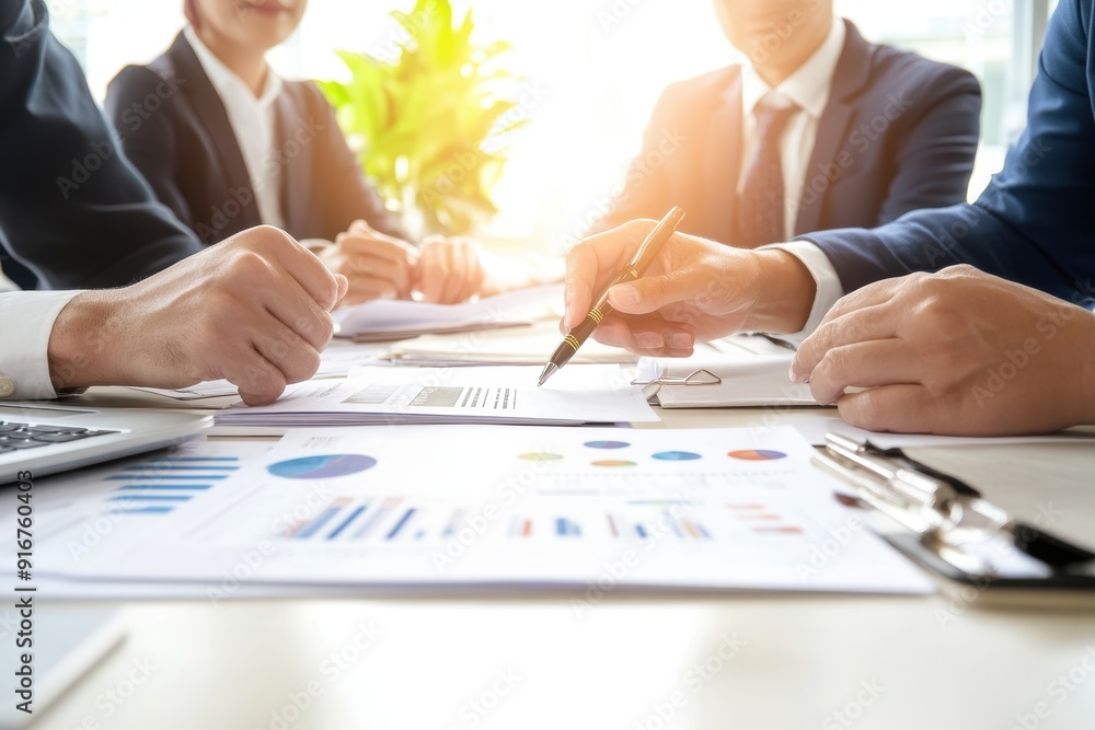 Business team discussing documents and financial charts at meeting. Close-up of hands and paperwork. Collaboration and teamwork concept. Business team discussing documents and financial charts at meeting. Close-up of hands and paperwork. Collaboration and teamwork concept.