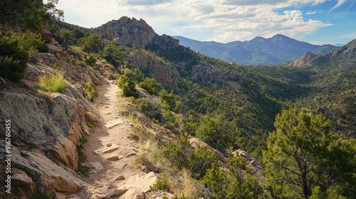 A rugged mountain trail with rocky terrain and stunning views, highlighting the adventurous spirit and natural beauty of hiking through challenging landscapes.