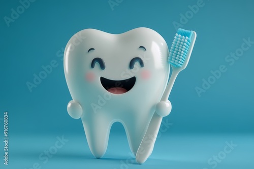 Illustration of a happy tooth holding a toothbrush, promoting dental hygiene. High-resolution, detailed textures, crisp focus