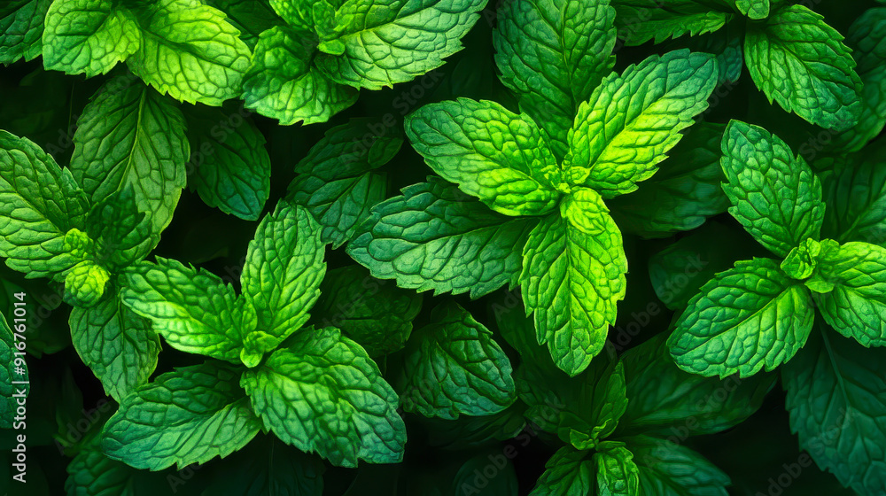 Vibrant Fresh Mint Leaves Close-Up, Lush Green Mint Herb Gardening, Natural Background, Aromatic Plant Foliage Texture for Culinary or Medicinal Use Vibrant Fresh Mint Leaves Close-Up, Lush Green Mint Herb Gardening, Natural Background, Aromatic Plant Foliage Texture for Culinary or Medicinal Use