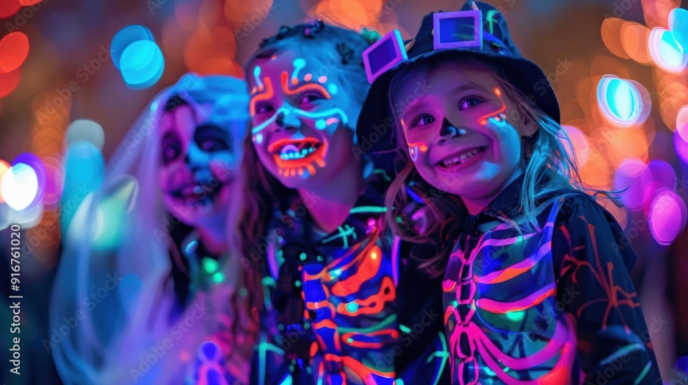Children in colorful skeleton costumes enjoy a vibrant Halloween night with glowing face paint and festive decorations surrounding them. Children in colorful skeleton costumes enjoy a vibrant Halloween night with glowing face paint and festive decorations surrounding them.