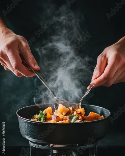 Close-up of hands cooking vegetables in a smoky frying pan, highlighting the process of preparing a fresh and healthy meal.