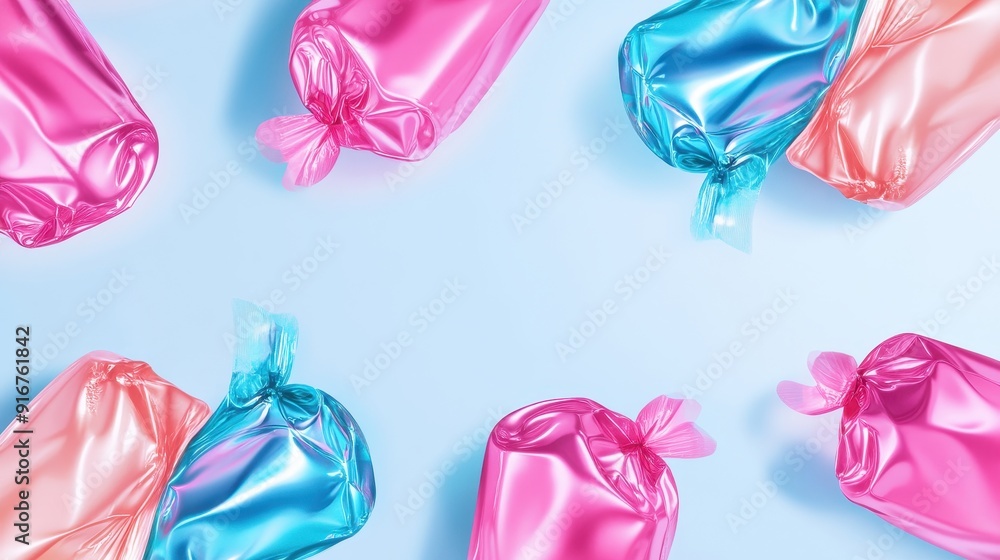 Colorful candy-shaped packages in pink and blue, arranged on a pastel blue background, perfect for festive or celebration visuals. Colorful candy-shaped packages in pink and blue, arranged on a pastel blue background, perfect for festive or celebration visuals.