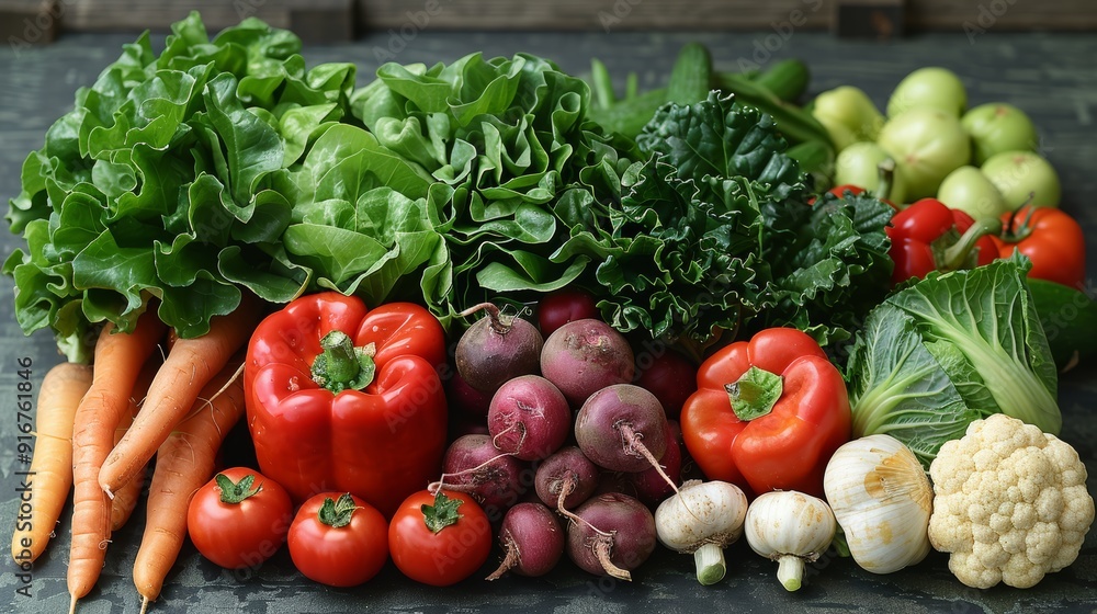 Freshly harvested vegetables arranged colorfully on a rustic wooden table in daylight during a vibrant summer season Freshly harvested vegetables arranged colorfully on a rustic wooden table in daylight during a vibrant summer season