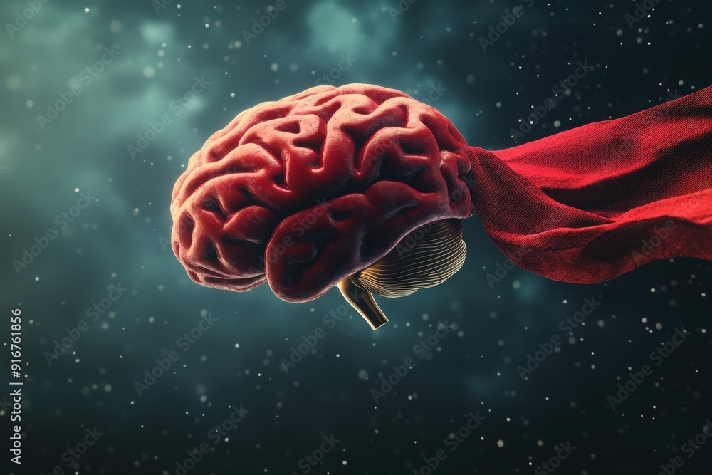 Illustration of a brain with a cape, symbolizing mental health as a superhero. High-resolution, detailed textures, crisp focus Illustration of a brain with a cape, symbolizing mental health as a superhero. High-resolution, detailed textures, crisp focus