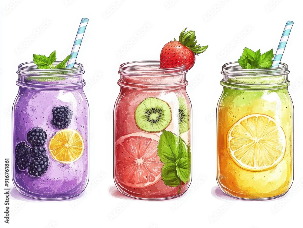 Colorful mason jar drinks with fresh fruits, arranged in a row, ideal for healthy living, summer refreshments, and smoothie illustrations. Colorful mason jar drinks with fresh fruits, arranged in a row, ideal for healthy living, summer refreshments, and smoothie illustrations.